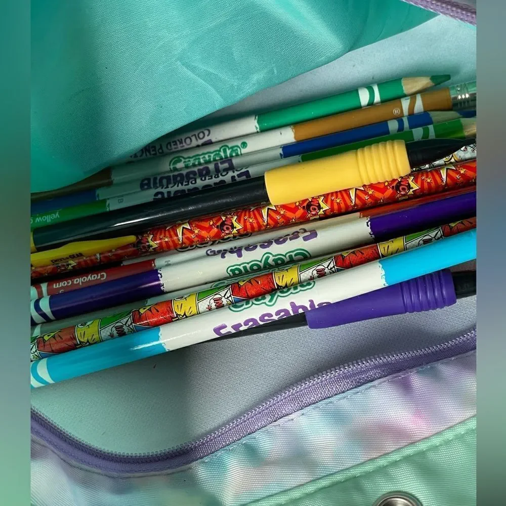 Pen+Gear Pastel Tie Dye Three Pocket Pencil Bag w/Erasers/Stapler/Pencils